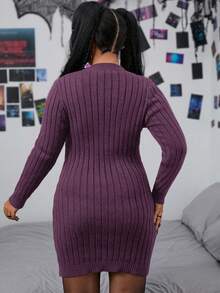 PUNK 大尺碼鏤空針織毛衣洋裝(無腰帶) - 紫色 - 查看 2