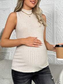 SHEIN 孕婦立領肋紋背心 - 卡其色 - 查看 4