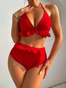 Ladies' Red Lace Trim Halter Neck Bikini Set - Red - View 1