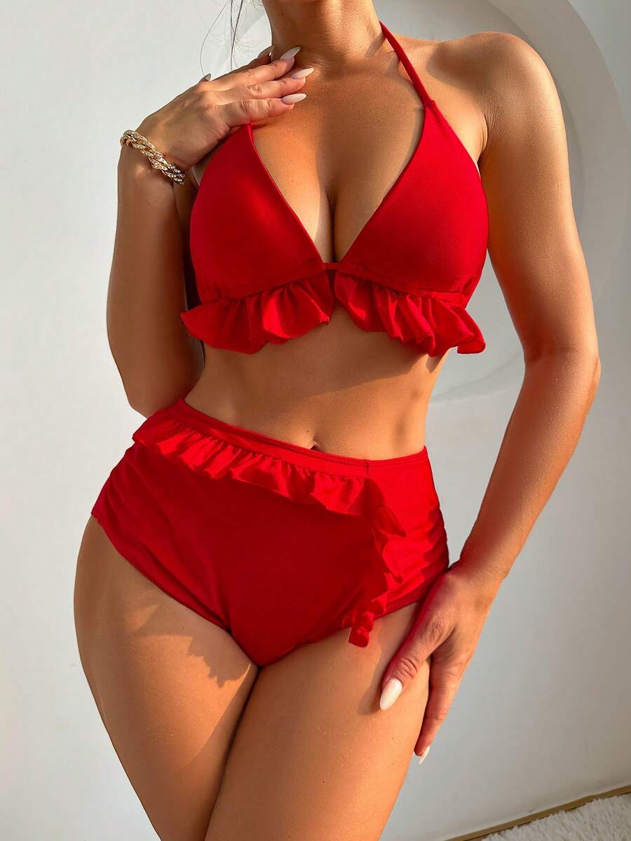 Ladies' Red Lace Trim Halter Neck Bikini Set - Red - View 1