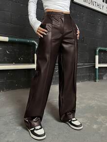 SHEIN Coolane Pu Straight Leg Pants - Coffee Brown - View 5