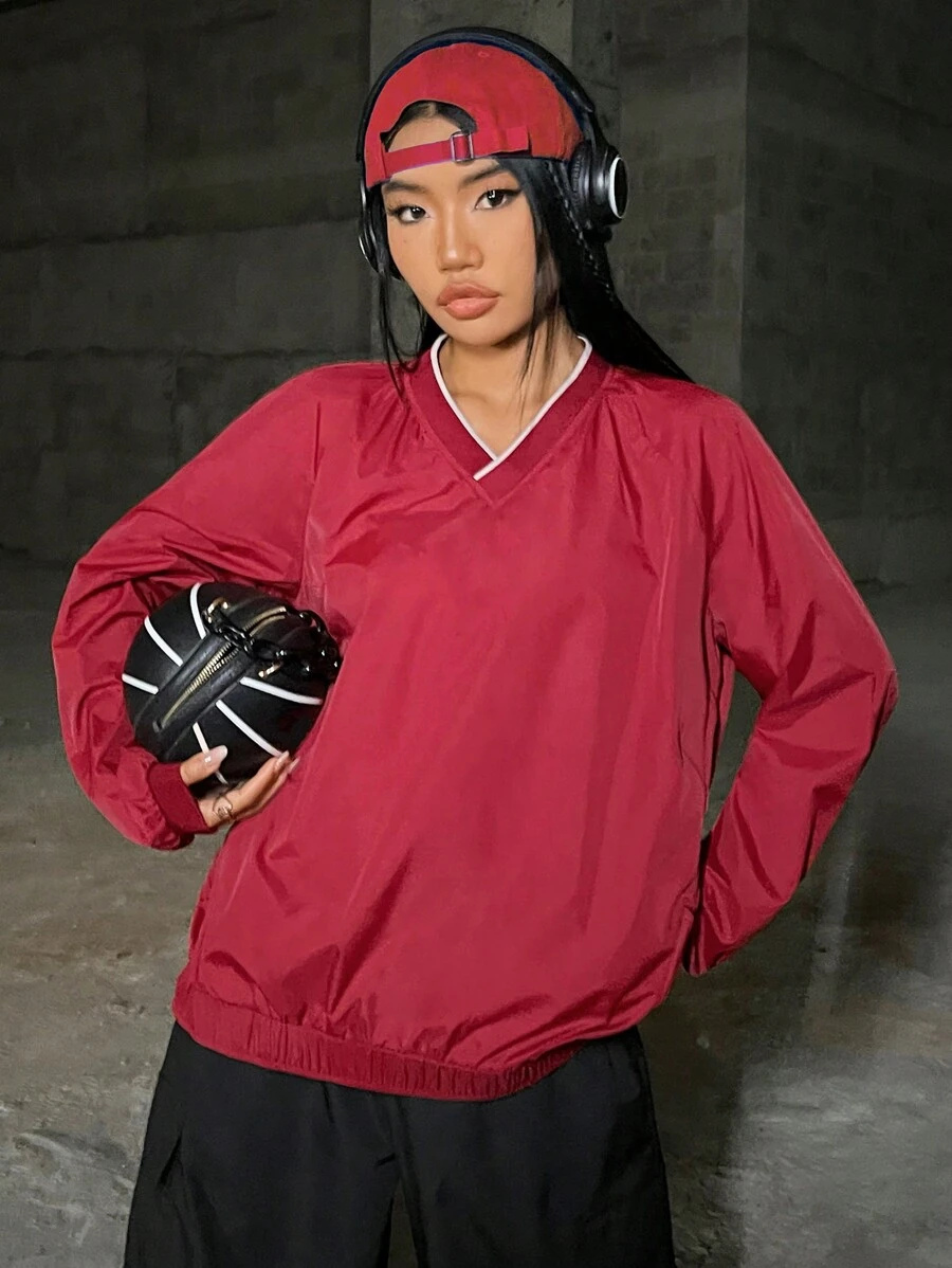 SHEIN EZwear Của phụ nữ Cổ chữ V Áo chui đầu Áo nỉ - Đỏ - Xem 1