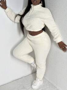 Slaydiva Women'S Fluffy Drop Shoulder Hoodie And Sweatpants Set - White - View 7