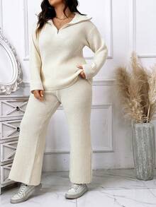 SHEIN LUNE Plus Size Women's Half-zip Sweater And Sweater Pants Set - Apricot - View 4