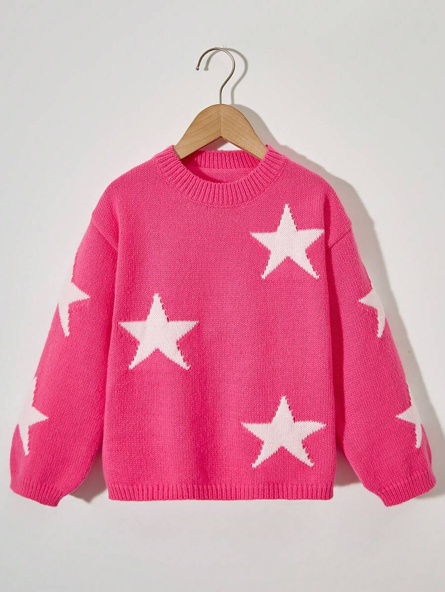 SHEIN Young Girl Star Patch Round Neck Sweater Pullover - Hot Pink - View 1