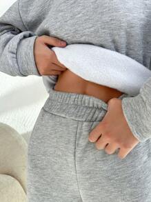 RueChic Women's Grey Round Neck Sweatshirt And Sweatpants Set - Grey - View 4