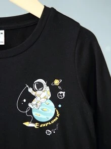 SHEIN 幼兒男孩卡通太空人印花圓領長袖休閒 T 卹 - 淺藍色 - 查看 4