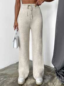 EURMUSE Drawstring Waist Knit Pants - Beige - View 1