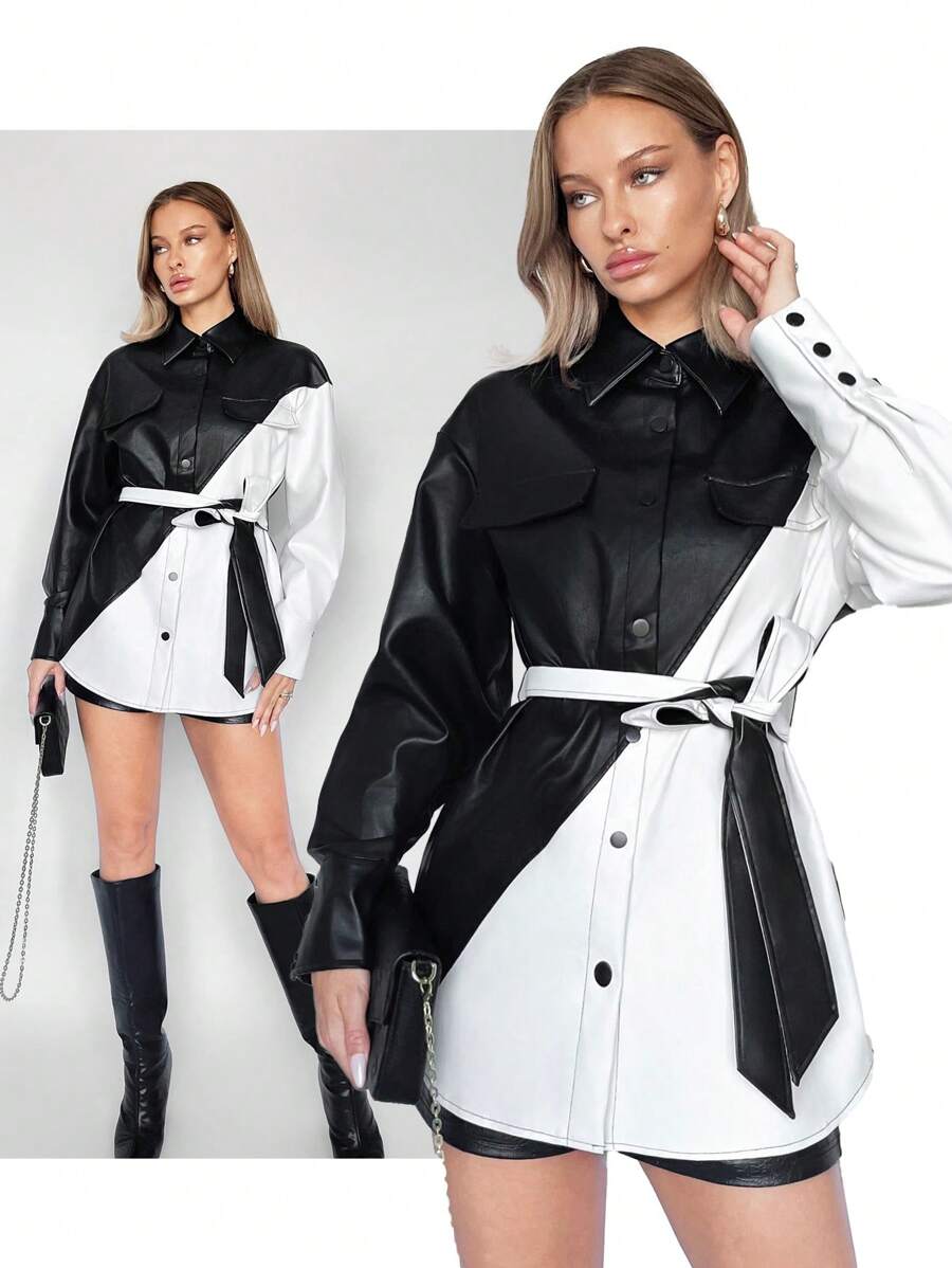 BizChic Của phụ nữ Tương phản Thắt lưng Da giả Áo khoác - Đen và trắng - Xem 1