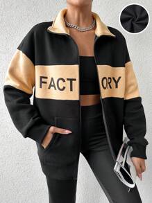 EURMUSE Women's Letter Printed Zipper Front Fleece Sweatshirt - Multicolor - View 1