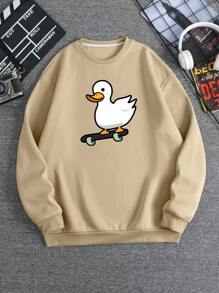 Sudadera Con Cuello Redondo Y Estampado De Pato De Dibujos Animados Para Hombre - Caqui - Ver 1