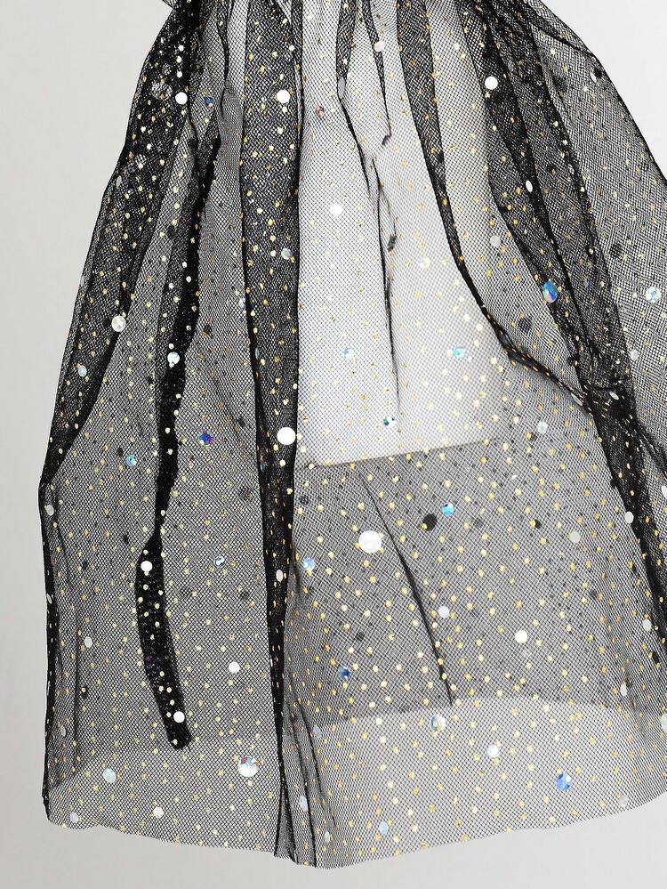 Glitter Mesh Flounce Sleeve Knot Top