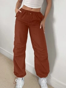 SHEIN Essnce 女用腰部抽繩降落傘褲 - 棕色 - 查看 1