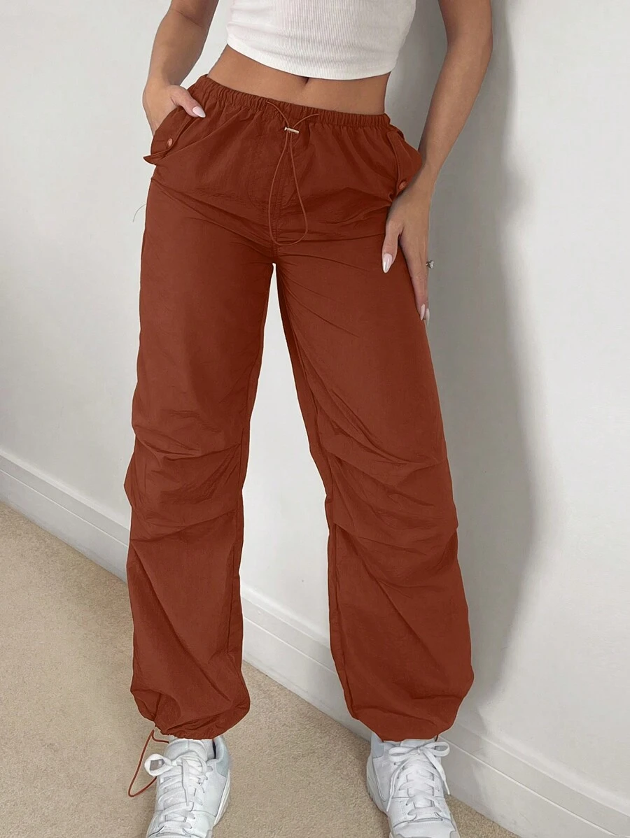 SHEIN Essnce 女用腰部抽繩降落傘褲 - 棕色 - 查看 1