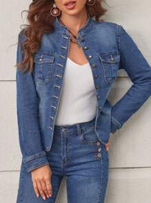 SHEIN LUNE Women's Stand Collar Button-up Denim Jacket - Blue - View 5