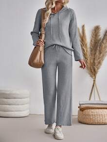 SHEIN LUNE 純色休閒連帽毛衣褲套裝 - 灰色 - 查看 3