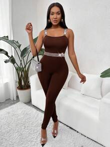 SHEIN Slayr 水晶肩帶&編織圖案拼接緊身連身褲 - 咖啡棕 - 查看 6