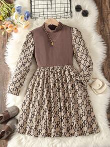Teen Girls' Long Sleeve Printed Dress - Brown - View 1