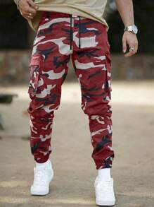 Manfinity Homme Men's Camouflage Print Flap Pocket Drawstring Cargo Jogger Pants - Red - View 3