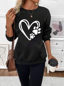 SHEIN LUNE 女士愛心印花保暖運動衫 - 黑色 - 查看 3