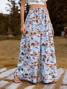 SHEIN VCAY 女款度假葉子印花寬腿長褲 - 藍色 - 查看 6