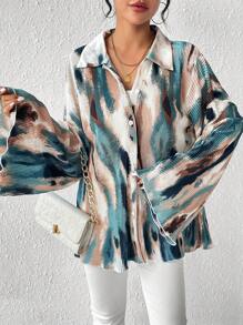 SHEIN Unity 女士春夏时尚假日办公室通勤扎染喇叭袖褶皱衬衫（不含腰带）、长袖衬衫 - 彩色 - 查看 5