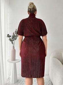 RueChic Plus High Neck Batwing Sleeve Dress Without Belt - Burgundy - View 2