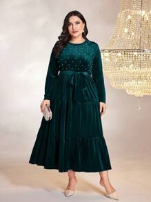 Modelyn Plus Size Pearl Decorated Belted Dress - Green - View 4
