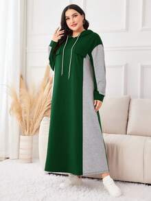 Mulvari Plus Size Women's Colorblock Hooded Drawstring Sweatshirt Dress - Multicolor - View 4