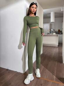 SHEIN Unity Women'S Ribbed T-Shirt And Leggings Set - Dark Green - View 3