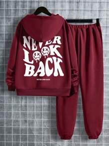 秋冬款 Tween Boys 字母印花连帽运动衫和运动裤套装 - 酒紅色 - 查看 1