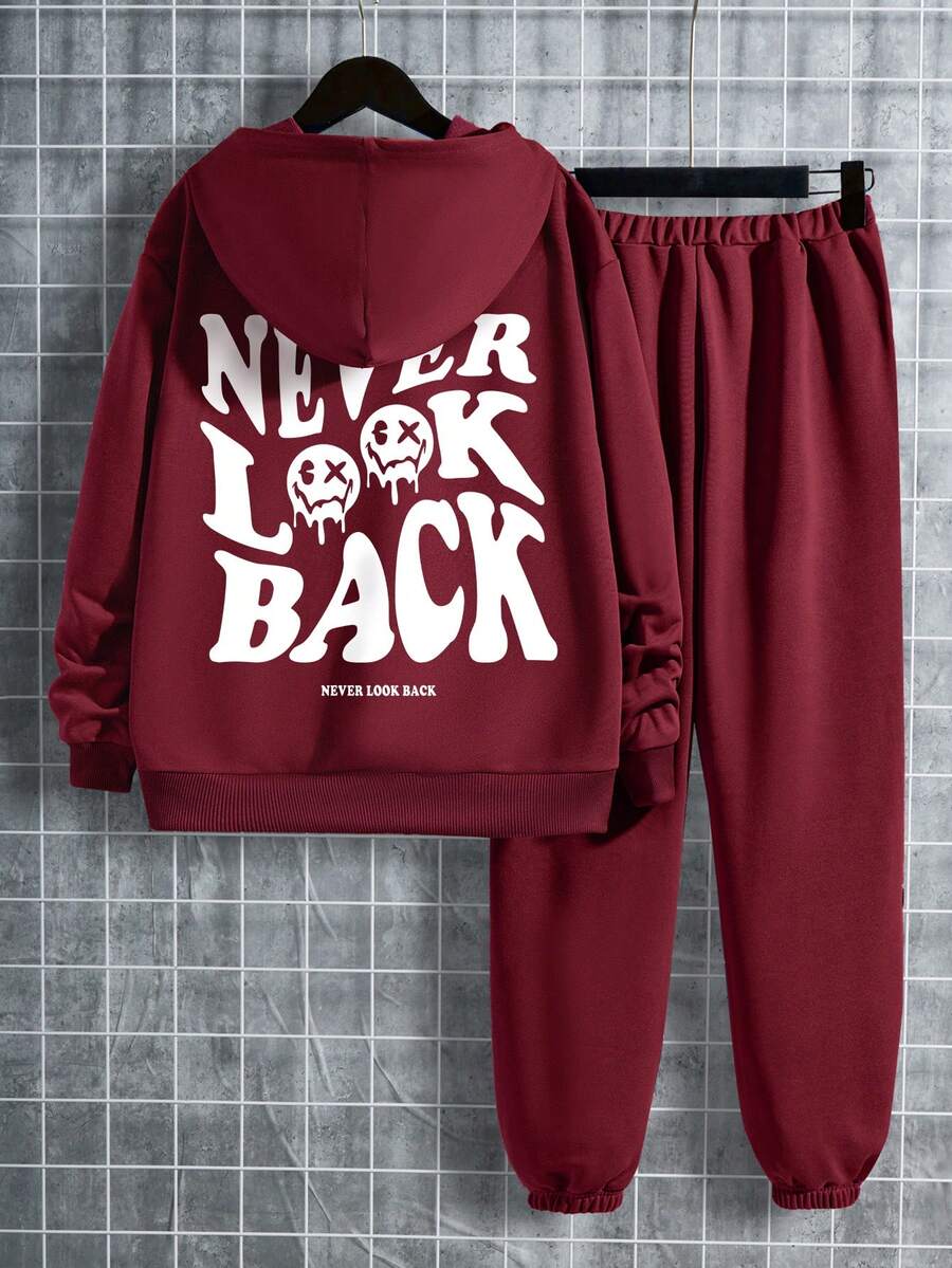 秋冬款 Tween Boys 字母印花连帽运动衫和运动裤套装 - 酒紅色 - 查看 1