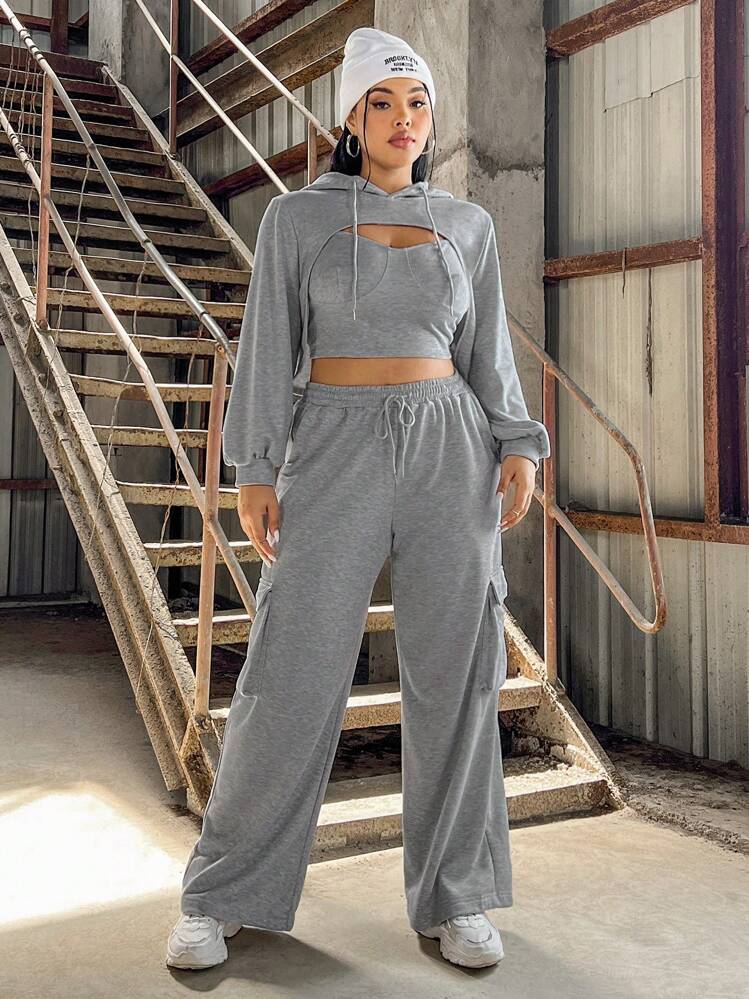 SHEIN EZwear Conjunto De Ropa Deportiva De Sudadera Con Capucha Ultra Corta, Tirantes Y Pantalones Deportivos De 3 Piezas Para Mujer De Talla Grande - Gris - Añade 4