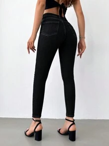 Cottnline Quần Jeans Skinny Trơn Thường Ngày - màu đen - Xem 2