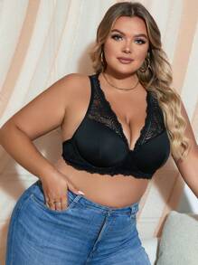 Lace Full Support Bra With Underwire For Plus Size Women - Black - View 4