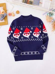 SHEIN 小女孩聖誕老人和雪花圖案立領毛衣 - 藏蓝色 - 查看 1