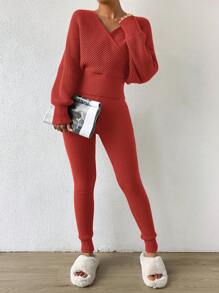 SHEIN Essnce 女士v領毛衣和緊身針織褲套裝 - 橘色 - 查看 6