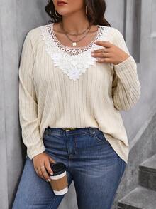 Calvaya Camiseta De Manga Raglán Con Panel De Encaje De Talla Grande - Albaricoque - Ver 6