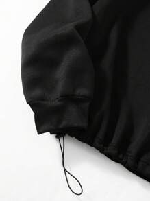 Black Drawstring Hooded Sweatshirt With Half Zipper, Plus Size - Black - View 5