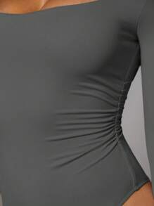 Silquee Ladies' Solid Color Slim Fit Bodysuit With Square Neckline - Dark Grey - View 5