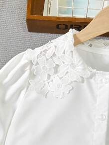 SHEIN Cô gái Tween Bảng điều khiển ren Guipure Ống tay áo Áo sơ mi - trắng - Xem 4