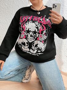 Flirla Plus Size Skull And Text Print Pullover Sweatshirt