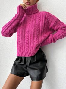 EURMUSE Turtleneck Cable Knit Drop Shoulder Sweater - Pink - View 5