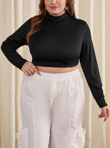SHEIN Essnce Của phụ nữ Kích thước lớn Đứng cổ áo Quần skinny Áo thun - màu đen - Xem 2