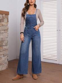 SHEIN LUNE 前紐扣喇叭牛仔背帶褲不帶T恤 - 藍色 - 查看 1