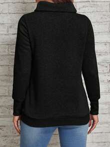 EMERY ROSE Women's High Neck Solid Color Sweatshirt With Pleats - Black - View 2