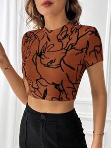 SHEIN Essnce Printed Short Sleeve Tight-fitting T-shirt - Brown - View 6