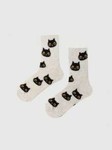 ROMWE Kawaii 1pair Cat Design Mid-calf Socks - Beige - View 2