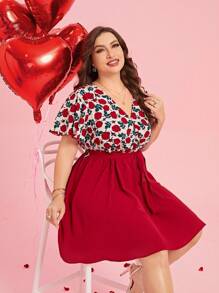 SHEIN Clasi Plus Size Floral Print Dress With Ruffle Sleeves And Waist Belt Red Women Dress - Multicolor - View 1