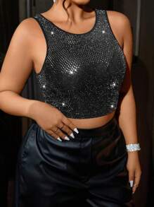 SHEIN BAE Plus Sequin Crop Tank Top - Black - View 3